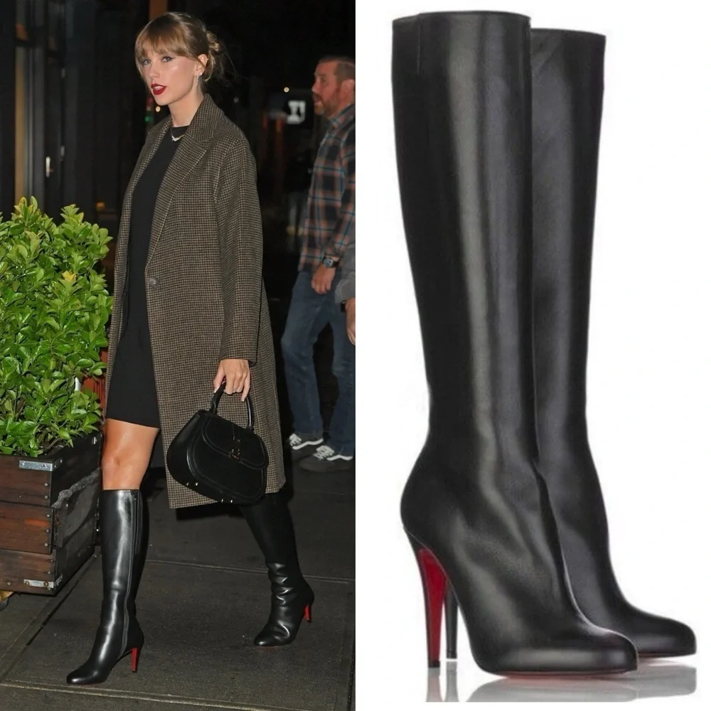 Christian Louboutin Black Napa Leather New Simple Botta Knee Length Boots 37 - Picture 1 of 15